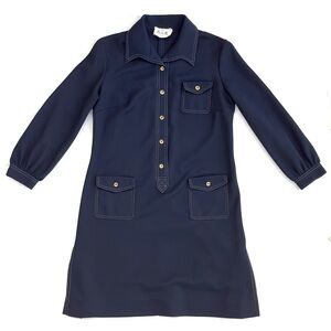 Vintage 70s Butte Knit Textured Dark Blue Retro Preppy Long Sleeve Shirt Dress